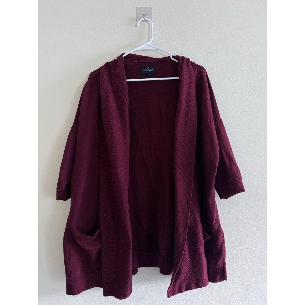 American Eagle Burgundy Open Front Cardigan Pockets Maroon Oversized L/XL